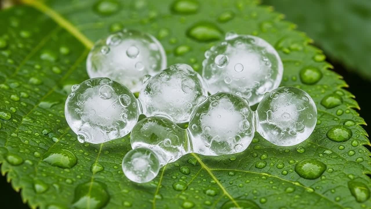 An Aesthetic Display of Water Droplets Captured on a Leaf, Showcasing Nature's Beauty and Intricacies in Detail with Reflections and Textures