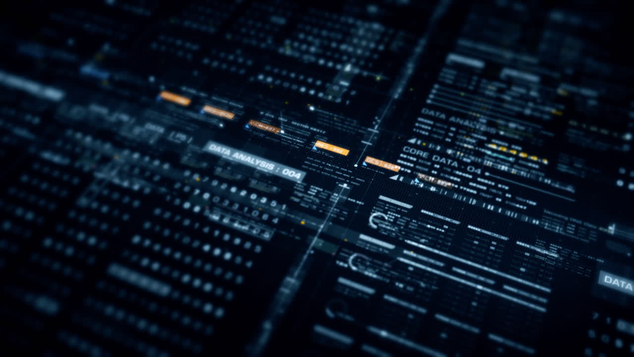 Advance data matrix, telemetry and encrypt numbers simulation user interface display in cyber space abstract de-focus environment background
