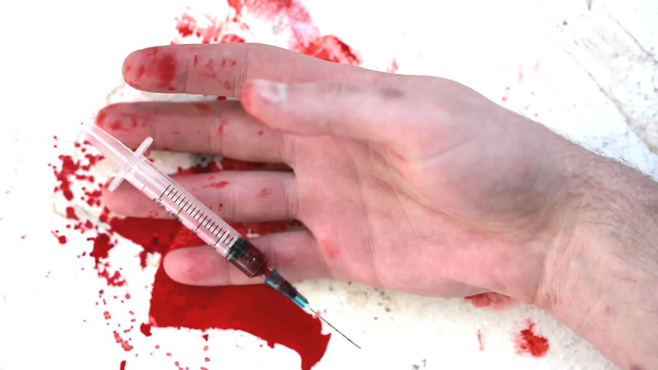 주사기를 들고 있는 손이 죽은 채로 떨어집니다.