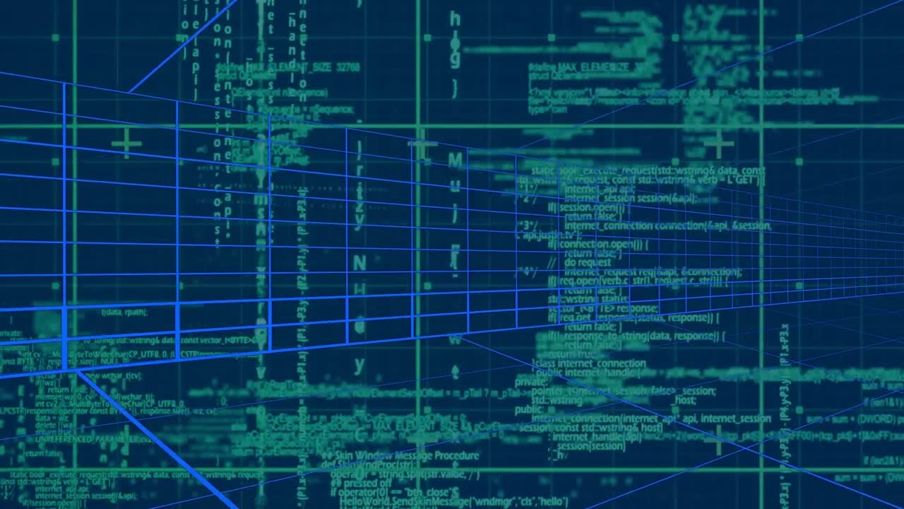 Digital animation of data processing over grid network on blue background