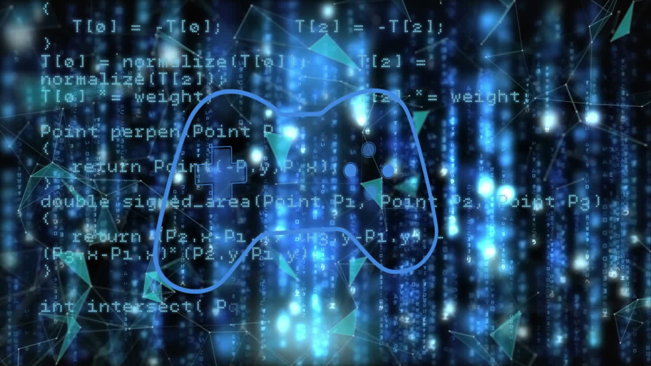 블랙 디지털 공간에서 데이터 처리에 대한 게임 패드의 애니메이션