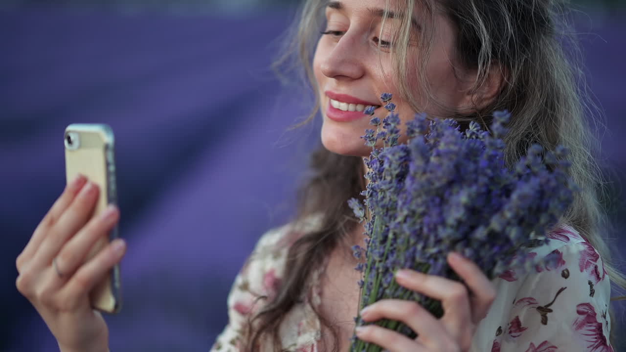 Joyful young woman taking a selfie while holding a lavender bouquet in a violet field