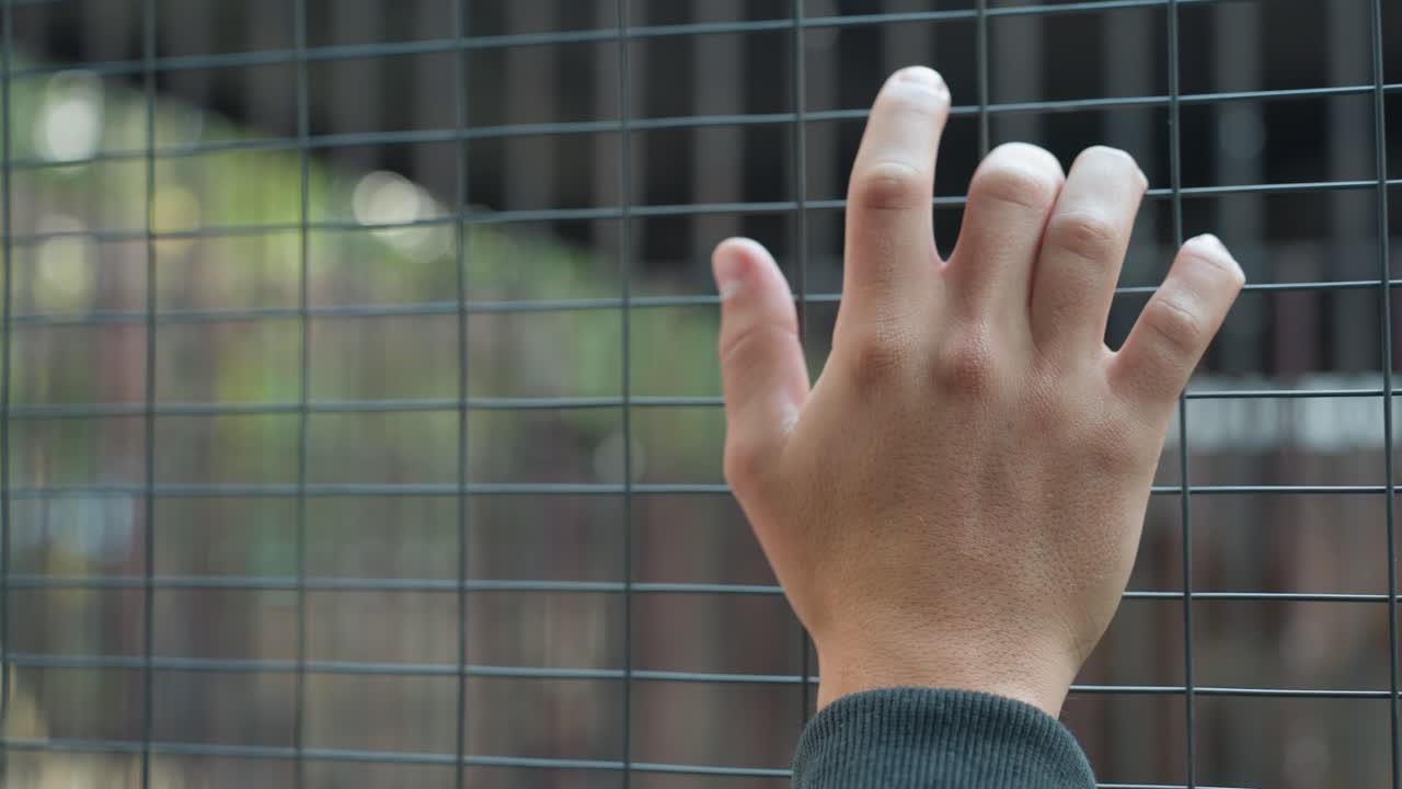 reaching hand on grid fence hopeful motion, fingers splayed over metal squares with soft daylight highlighting skin and knit cuff, blurred greenery beyond suggests open space and possibility, sequence