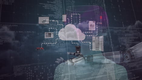 animation of cloud with connections, data processing over robot's arm and woman wearing vr headset
