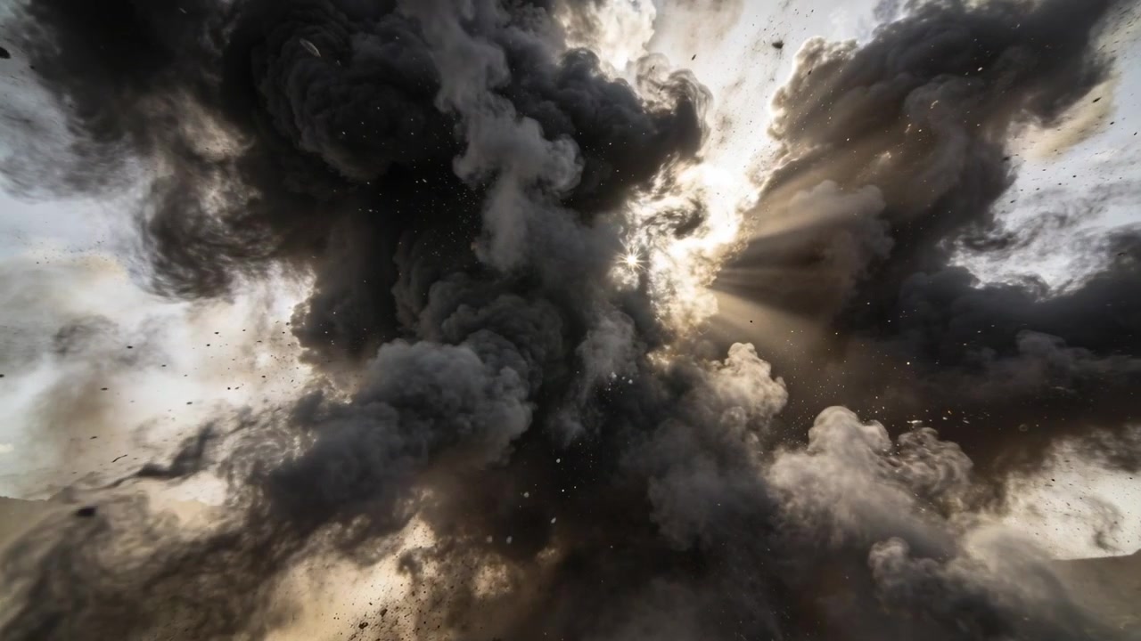 Erupting towering smoke column after ground blast, rising over desert, scattering embers and debris