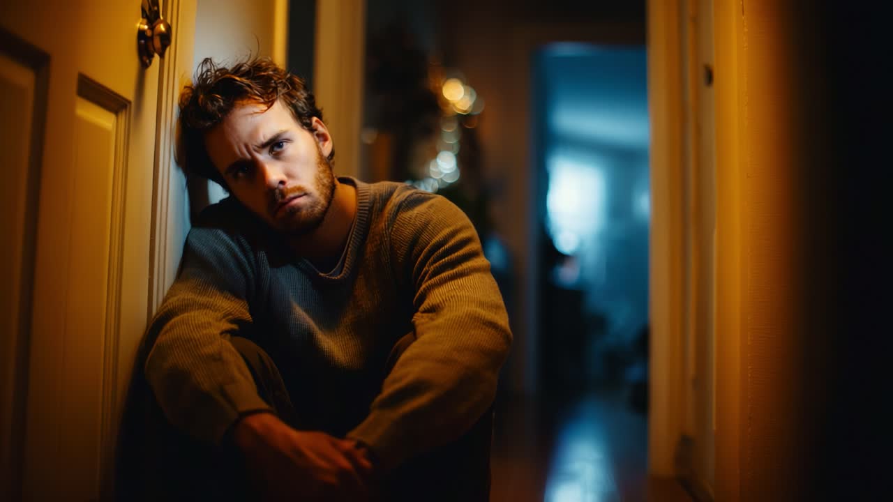 A contemplative moment captured in a dimly lit hallway, showcasing a young man deep in thought, reflecting on life and emotions in a serene yet intense atmosphere