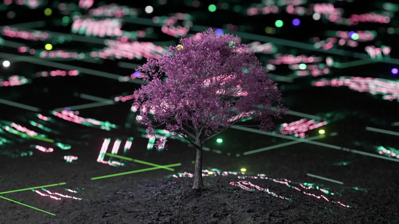 Pink Tree in a Digital Cityscape