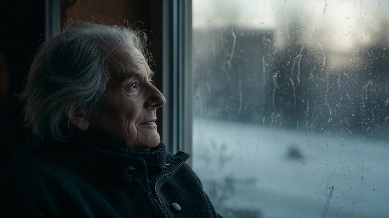 Opening eyes senior man moving gaze up foggy room window viewing snow tucking chin highcollaredcoat