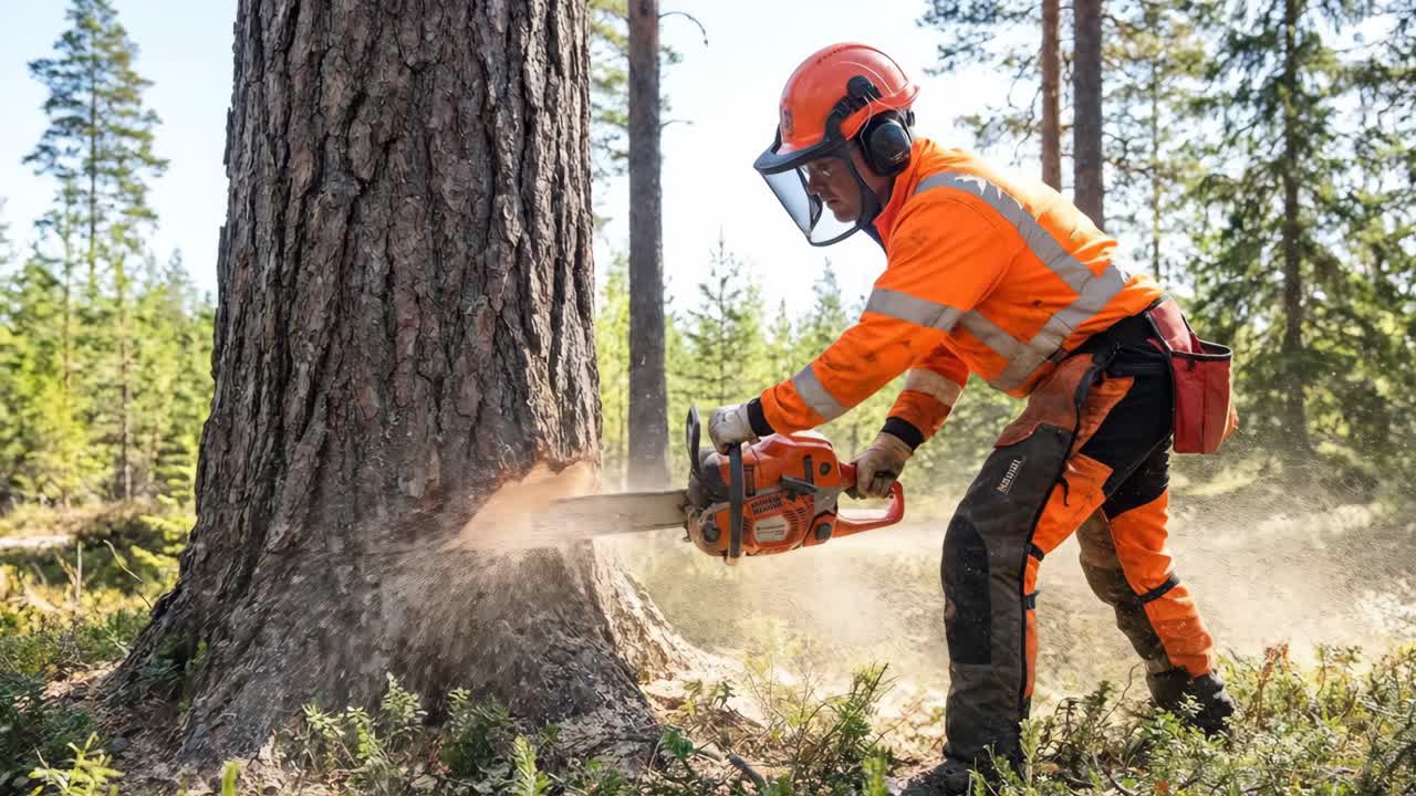 Metsuri kaataa suurta puuta moottorisahalla metsässä