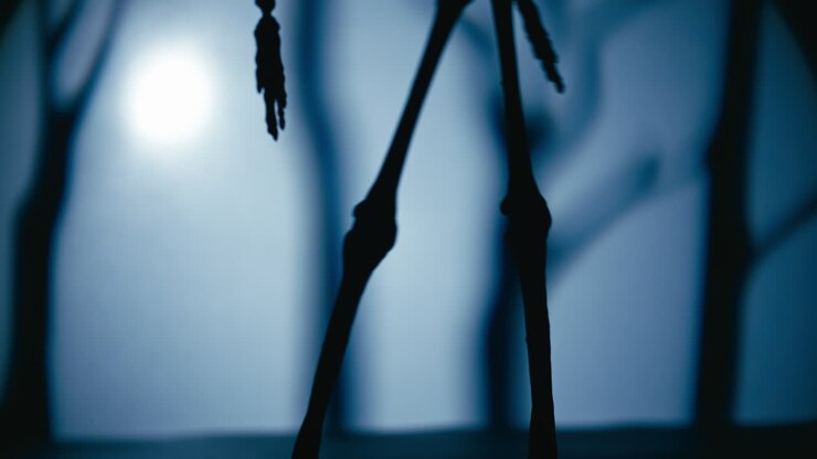 Skeleton Silhouette Walking in Front of a Horror Halloween Background