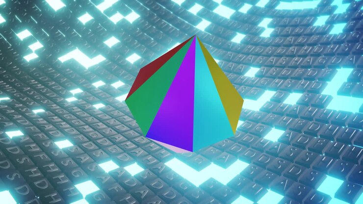 Colorful geometric shape animation over digital data and keyboard keys background