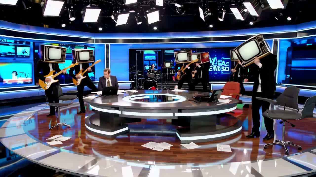 una banda con cabezas de televisión en un estudio de noticias