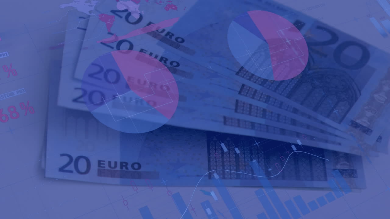 Animaatio talousdatan käsittelystä eurosetelien päällä.