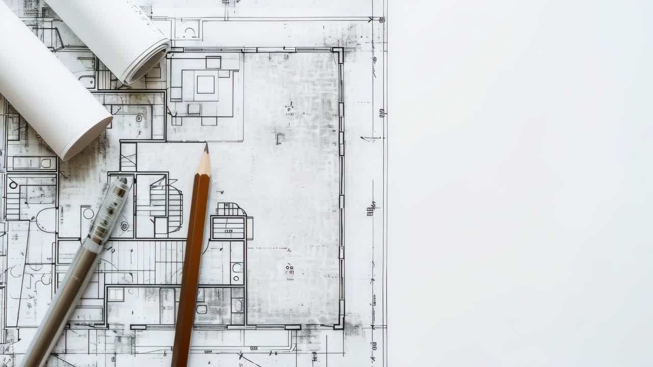Top-down view of architectural blueprints with pencils and rolled plans, ideal for a video on design