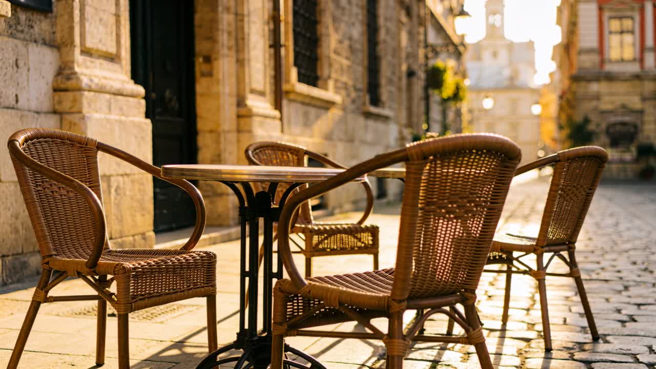 Moving camera approaching metal cafe table, 4 wicker chairs on cobbled street, sun warming shadows