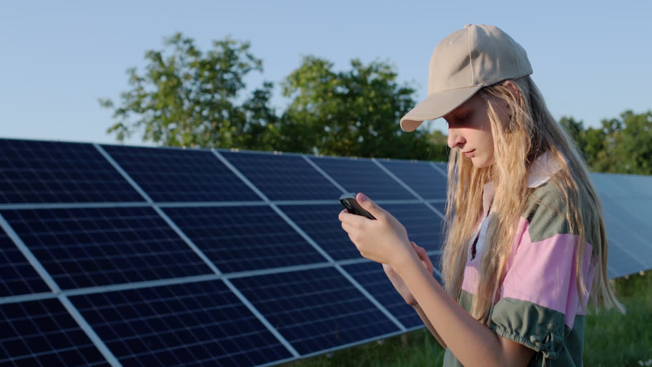 retrato de una adolescente contra el fondo de paneles solares en una central eléctrica doméstica