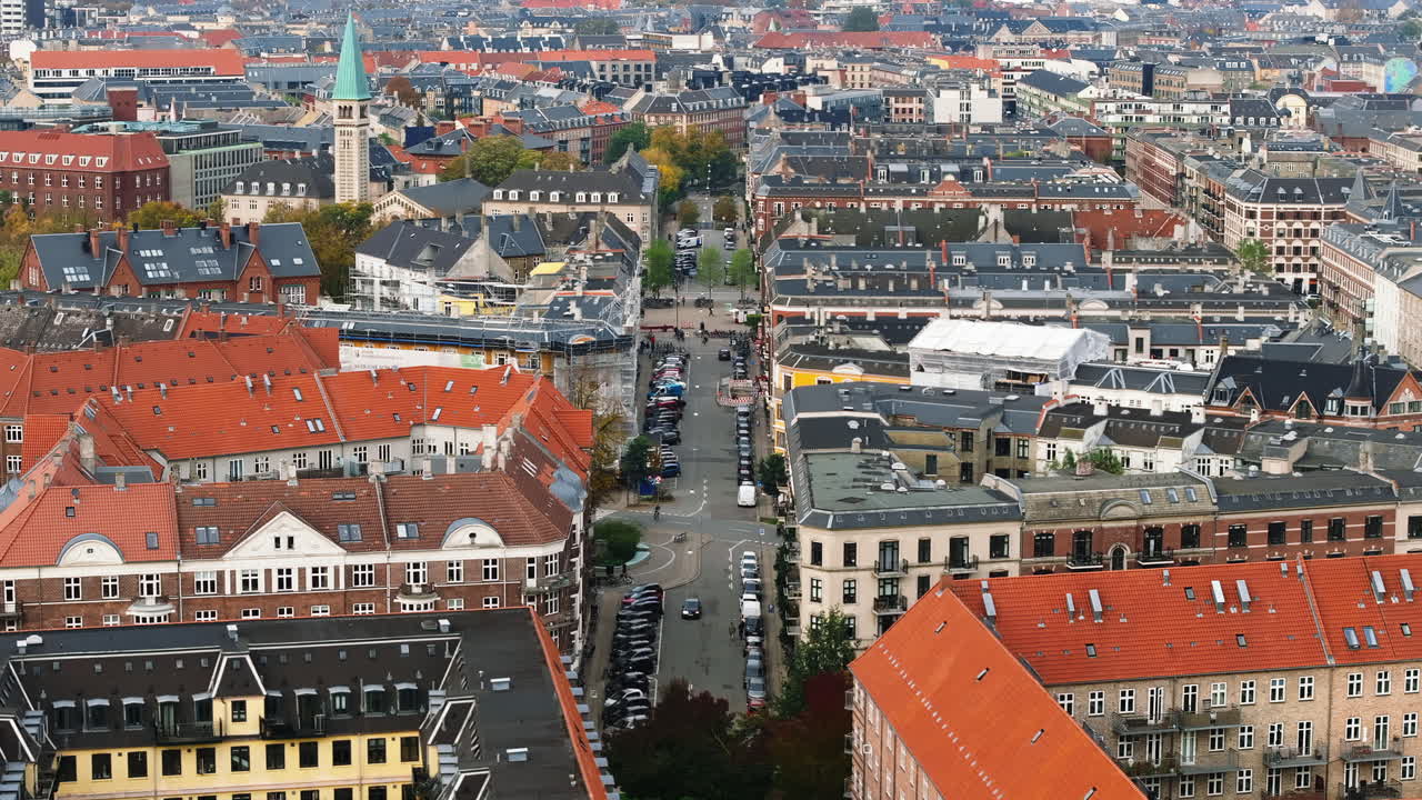 Aerial drone view of Vesterbro district in Copenhagen, Denmark in daylight