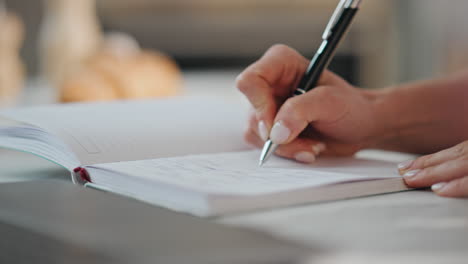 woman hands writing notebook holding ballpen closeup. accountant working laptop