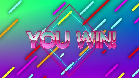 animation of you win text banner against light trails in seamless pattern on gradient background