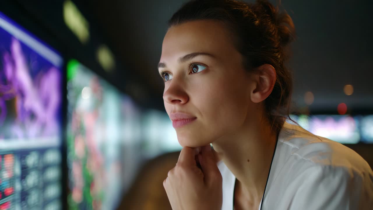 A Thoughtful Woman in a High-Tech Environment Contemplating Analytical Data Visualizations, Engaged in Deep Reflection While Observing Dynamic Information Displays in a Modern Setting