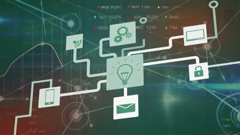 animación de conexiones con iconos tecnológicos y datos financieros en el espacio digital.