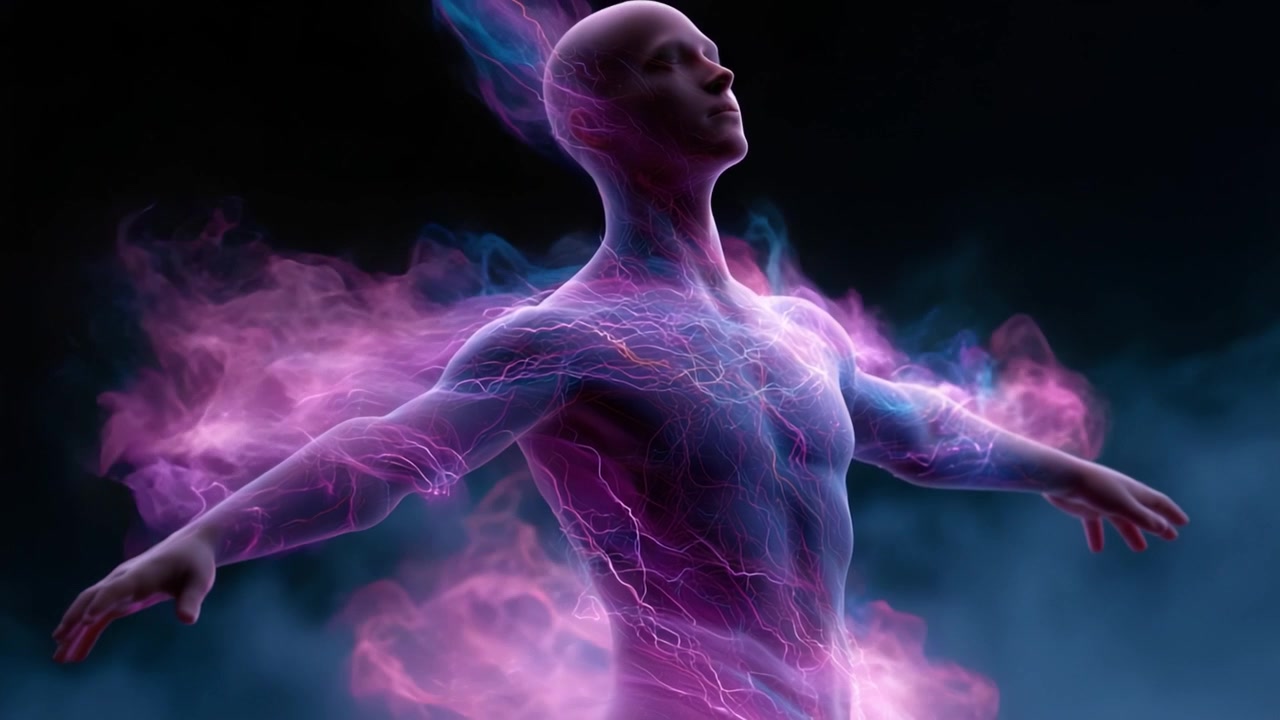 Una straordinaria rappresentazione visiva di una figura umana che irradia energia vibrante e colori eterei, simboleggiando trasformazione, potenziamento e la connessione tra corpo e spirito.