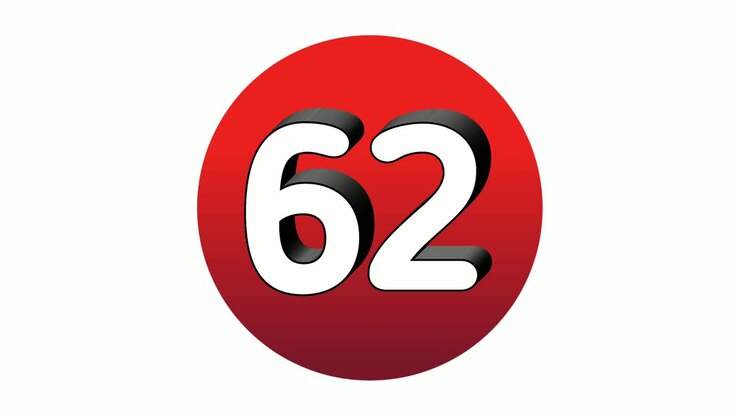 Icona animata 3D del numero 62 (sessantadue) con grafica in movimento su sfera rossa su sfondo bianco, numero video animato per elementi video
