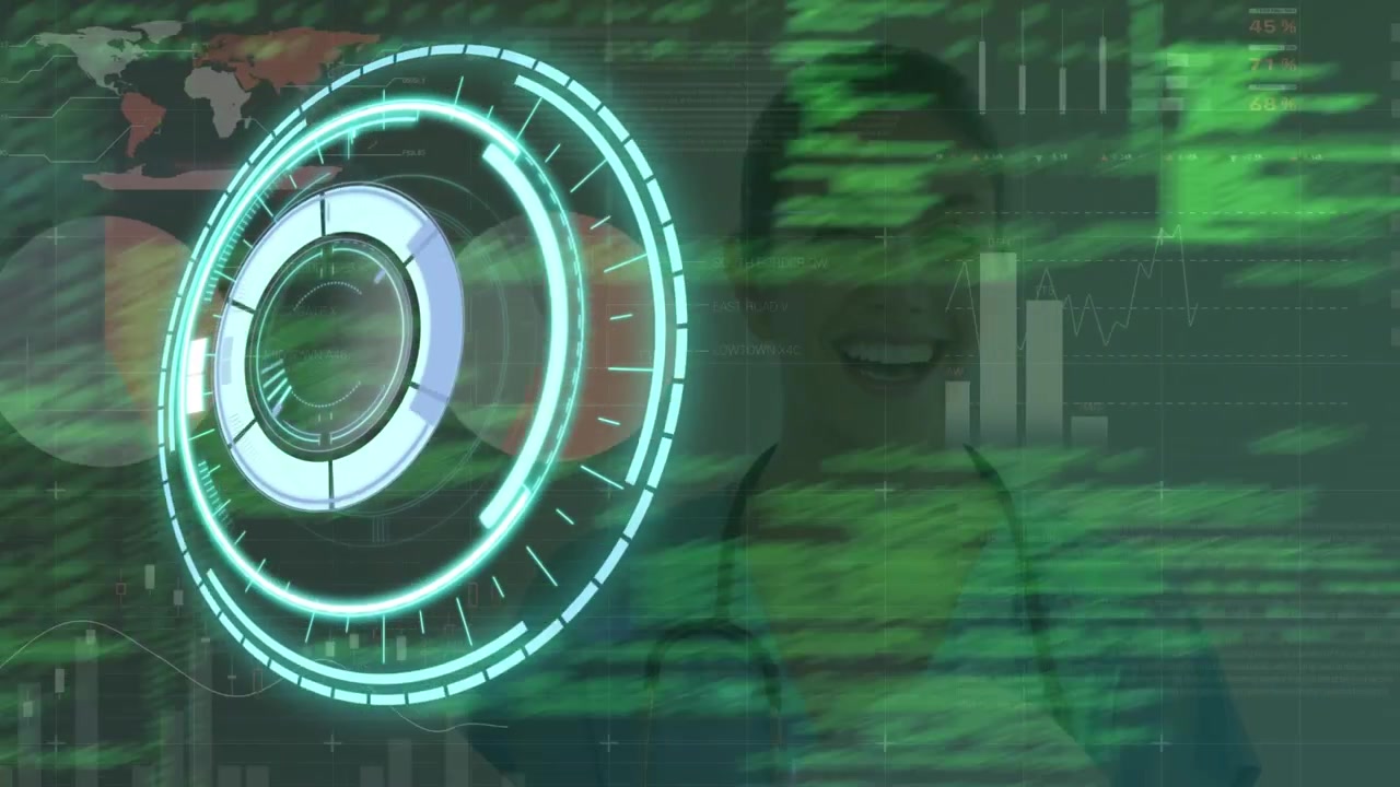 Animation of data processing over caucasian female doctor and scope scanning