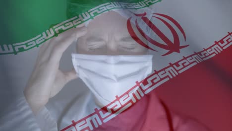 Die-Iranische-Flagge-Weht-Gegen-Eine-Wissenschaftlerin,-Die-Ein-Gesicht-Trägt-Und-Kopfschmerzen-Hat