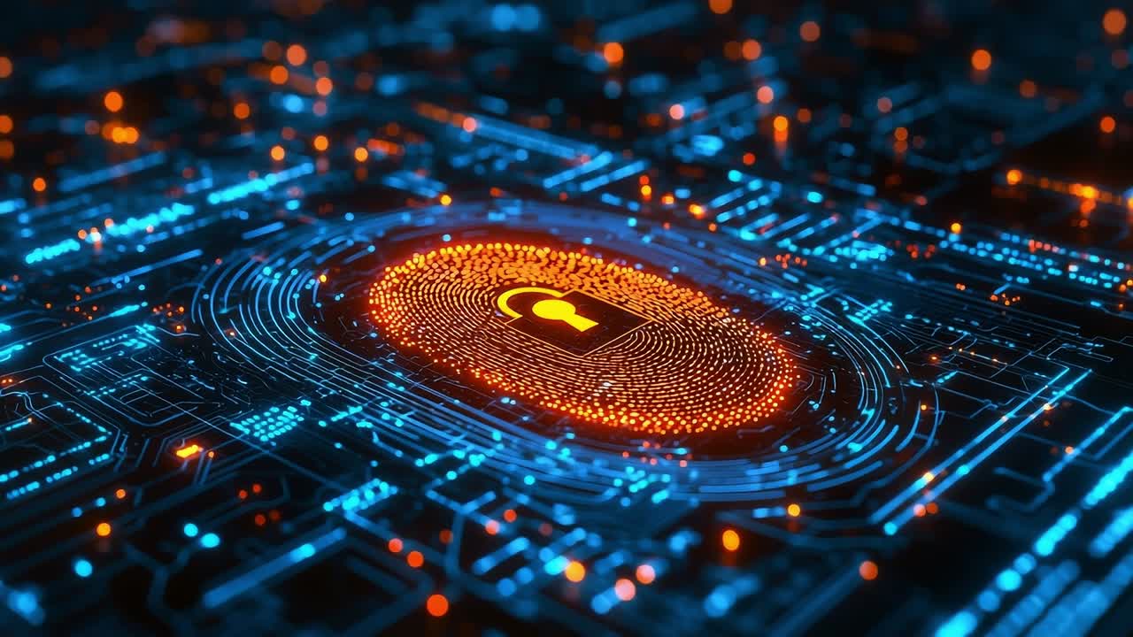 Digital lock symbol on a circuit board. A vibrant digital representation of a lock symbol surrounded by glowing circuitry and data patterns in a dark setting.
