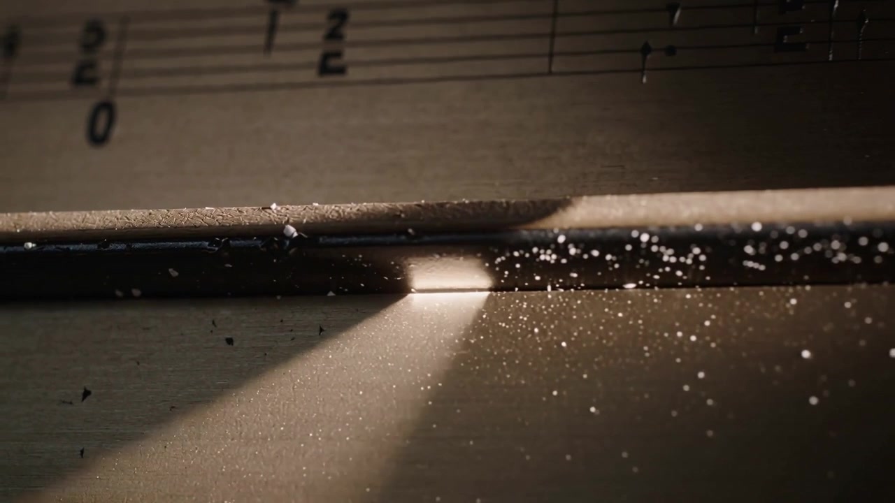 Raggio luminoso che entra in una fessura e attraversa una cucitura in macro, rivelando una notazione musicale stampata
