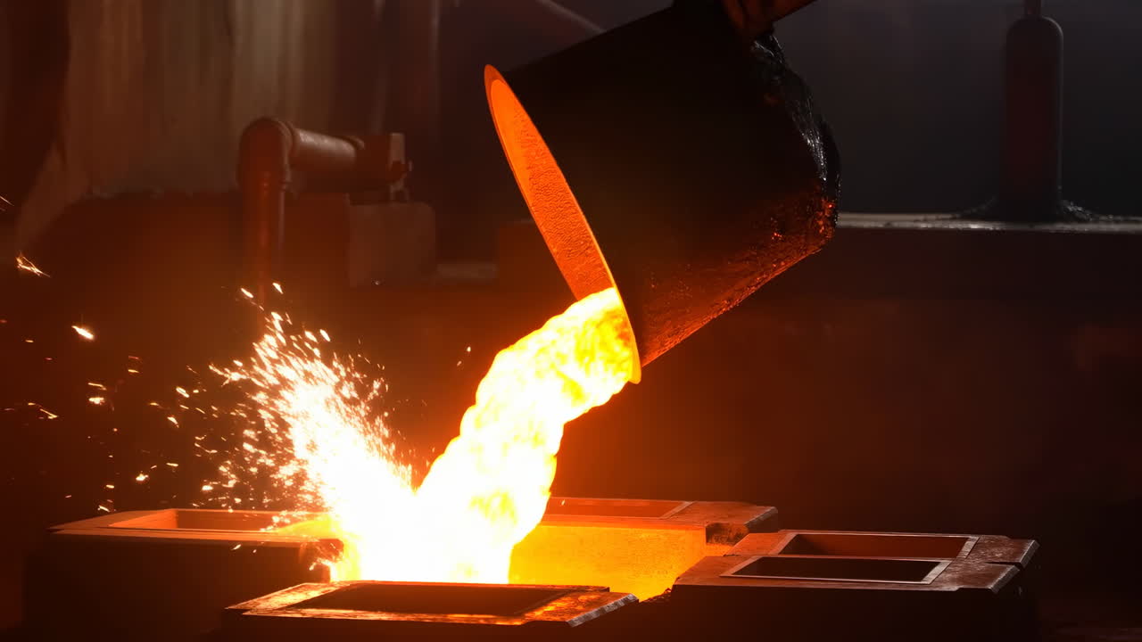 Molten Metal Pouring Into Mold, Glowing Orange Stream And Flying Sparks As Crucible Tilts Over Steel Mold