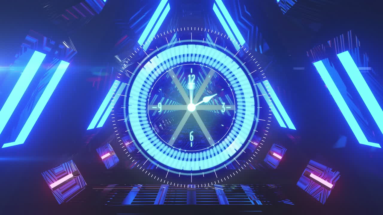 검은색 배경에 움직이는 화면 위의 시계와 함께 범위 스캐닝의 애니메이션