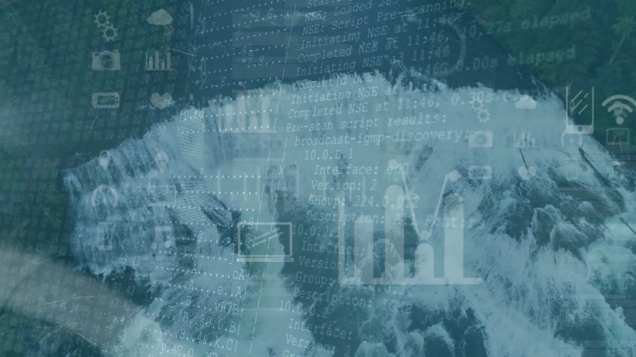 Animation of digital data and programming code overlaying world map in school