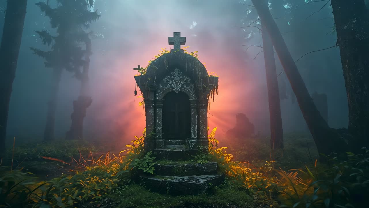Moving camera forward up as glow rising behind stone mausoleum in misty clearing showing cross