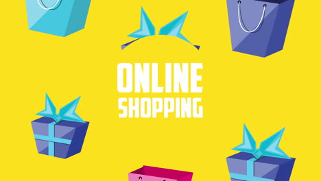 online shopping lettering with gifts and bags