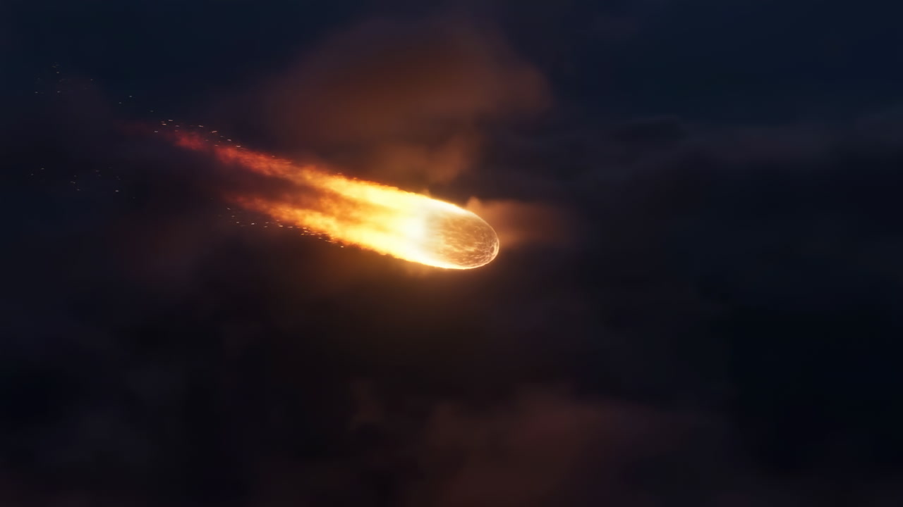 Fiery Meteor Streaks Through Dark Clouds Blazing Trail And Incandescent Core Illuminate Night Atmosphere,