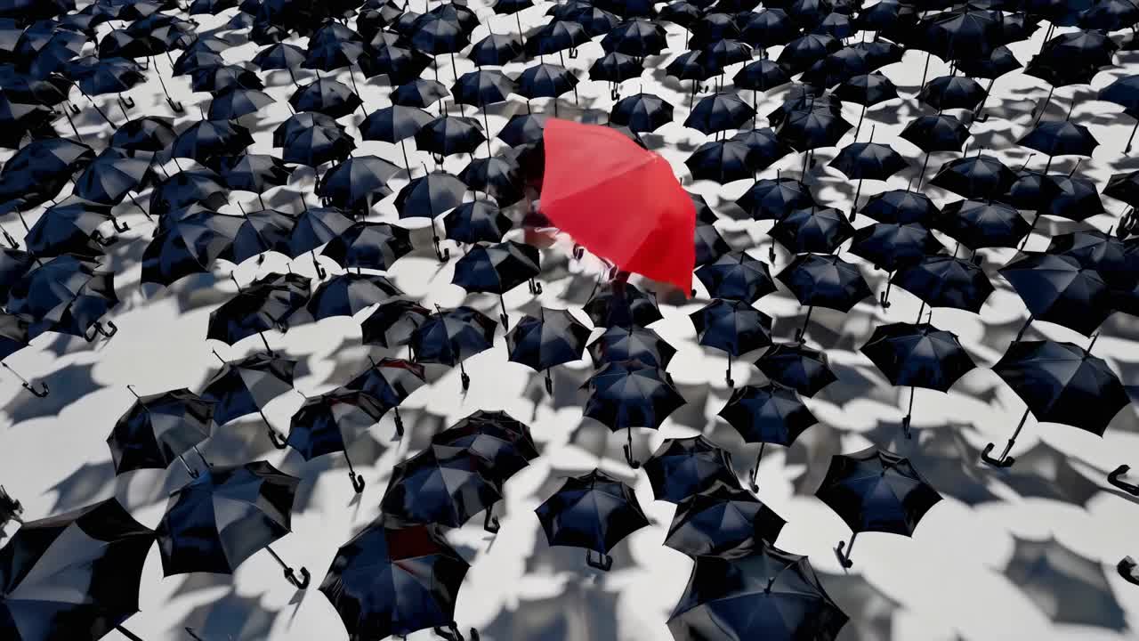 Red Umbrella Among Many Black Umbrellas