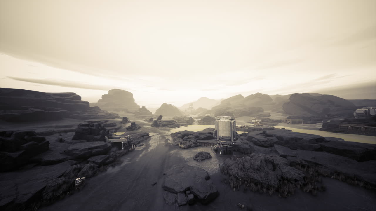 Aerial view capturing sunrise over desolate rocky landscape with distant ruins