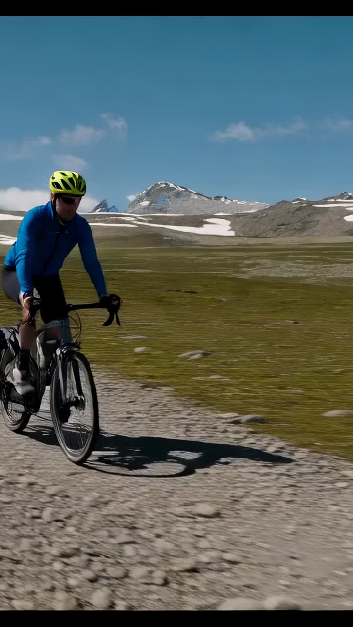 Video verticale: ciclista con casco che pedala su ghiaia verso le cime dopo la partenza, trainando un rimorchio