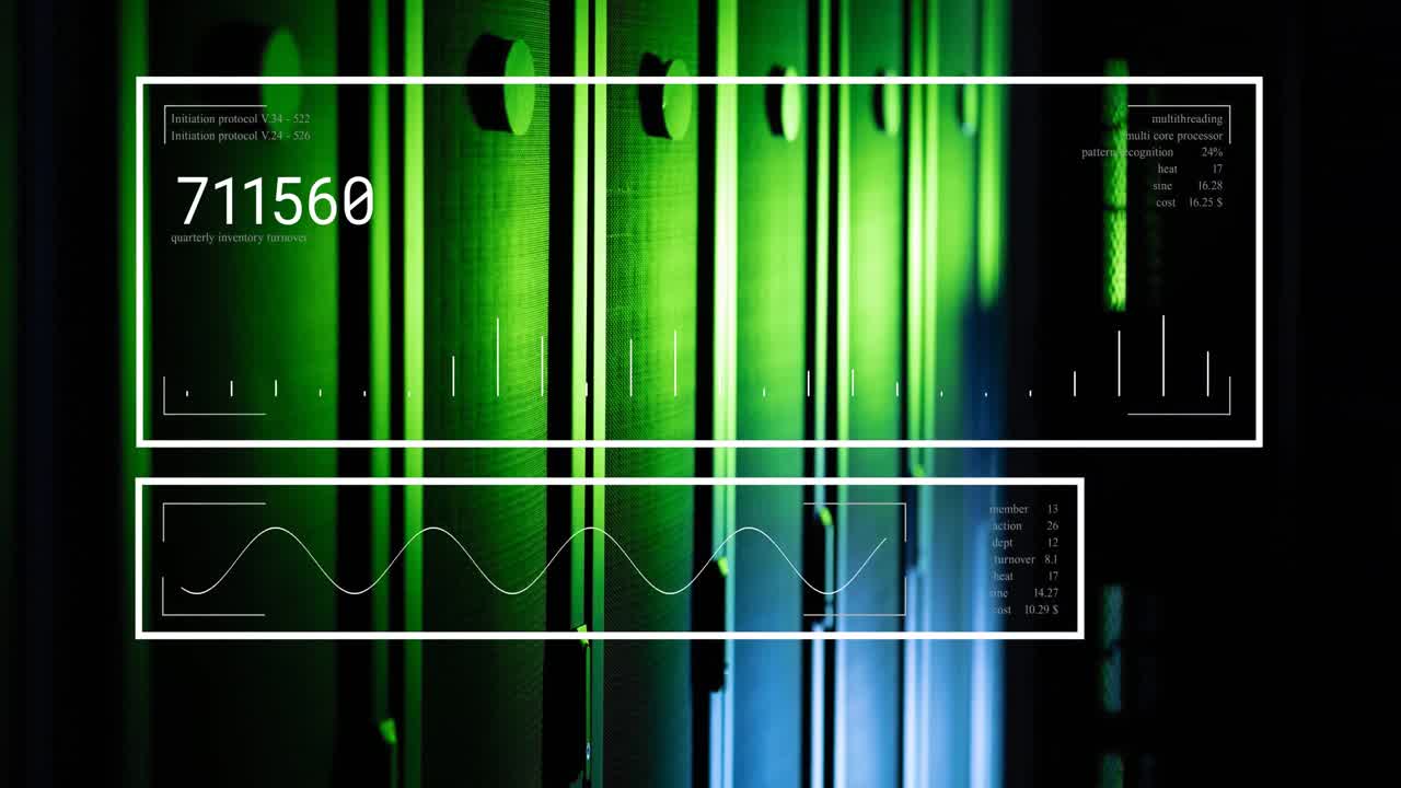 procesamiento de datos a través de servidores brillantes en la habitación oscura del servidor de la computadora.