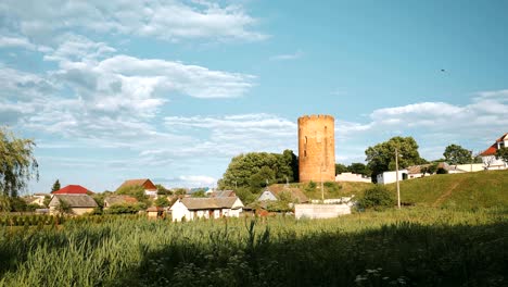 kamyenyets, región de brest, bielorrusia. torre de kamyennyets en un soleado día de verano con hierba verde en primer plano. zoom, zoom out
