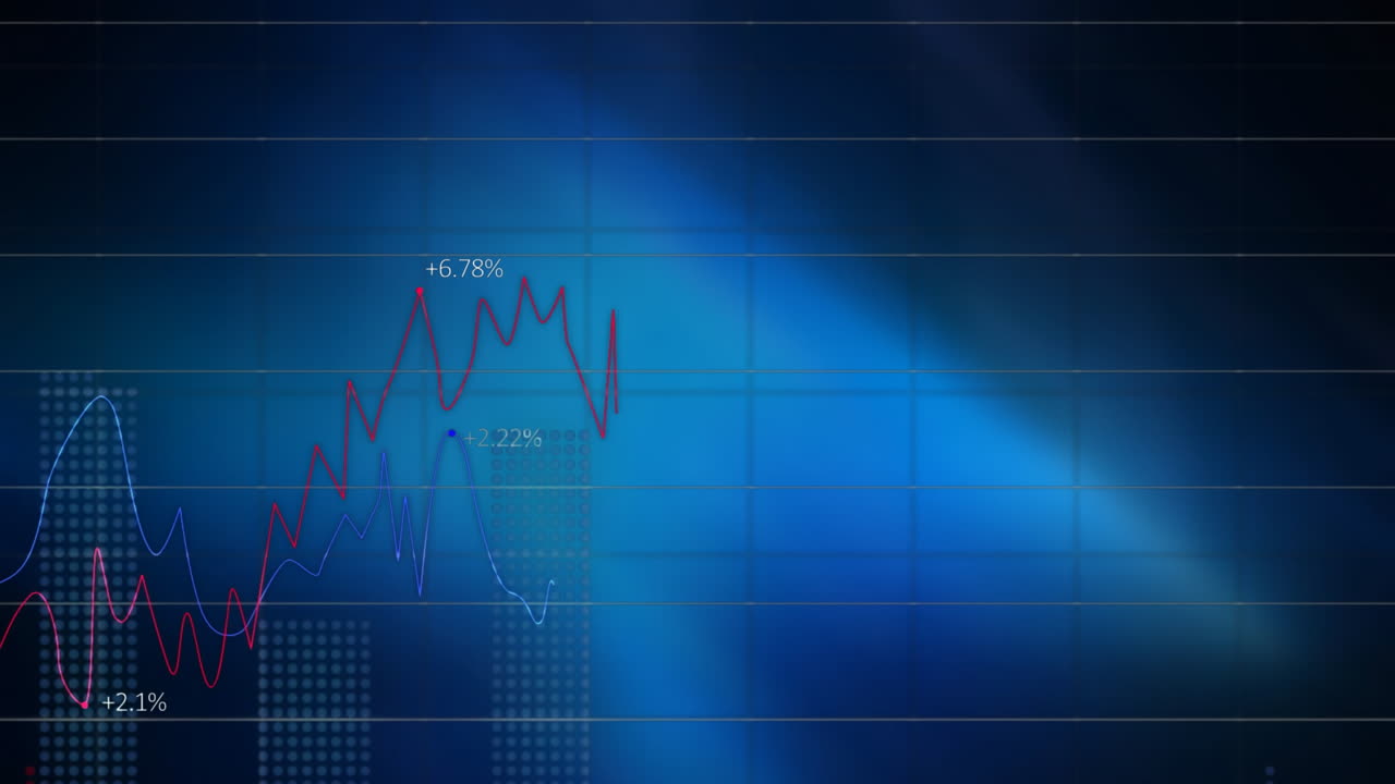 Animation of financial data processing and statistics over blue background