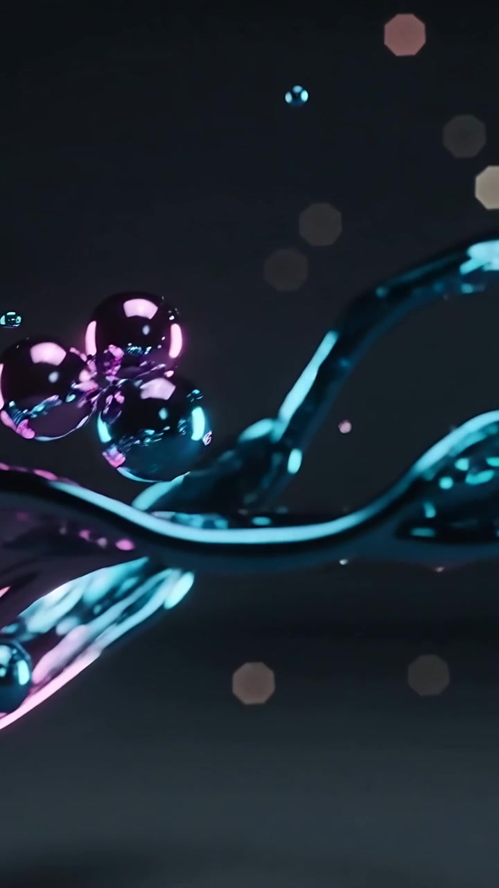 Video verticale: Goccioline che si formano, nastro e sfere che si arricciano in studio, che mostrano un bagliore ciano-magenta