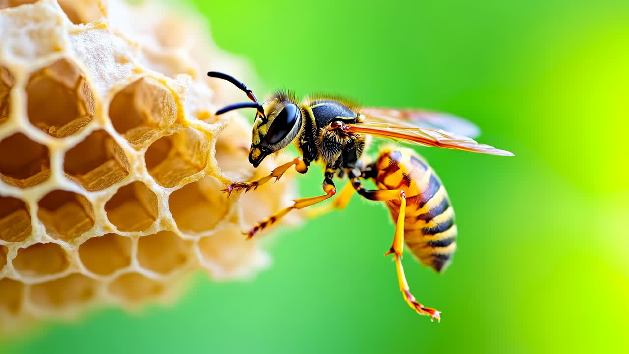 Bee close to honeycomb on a sunny day. A bee gathers nectar near a honeycomb, showcasing its vibrant colors and busy nature in a lush green background