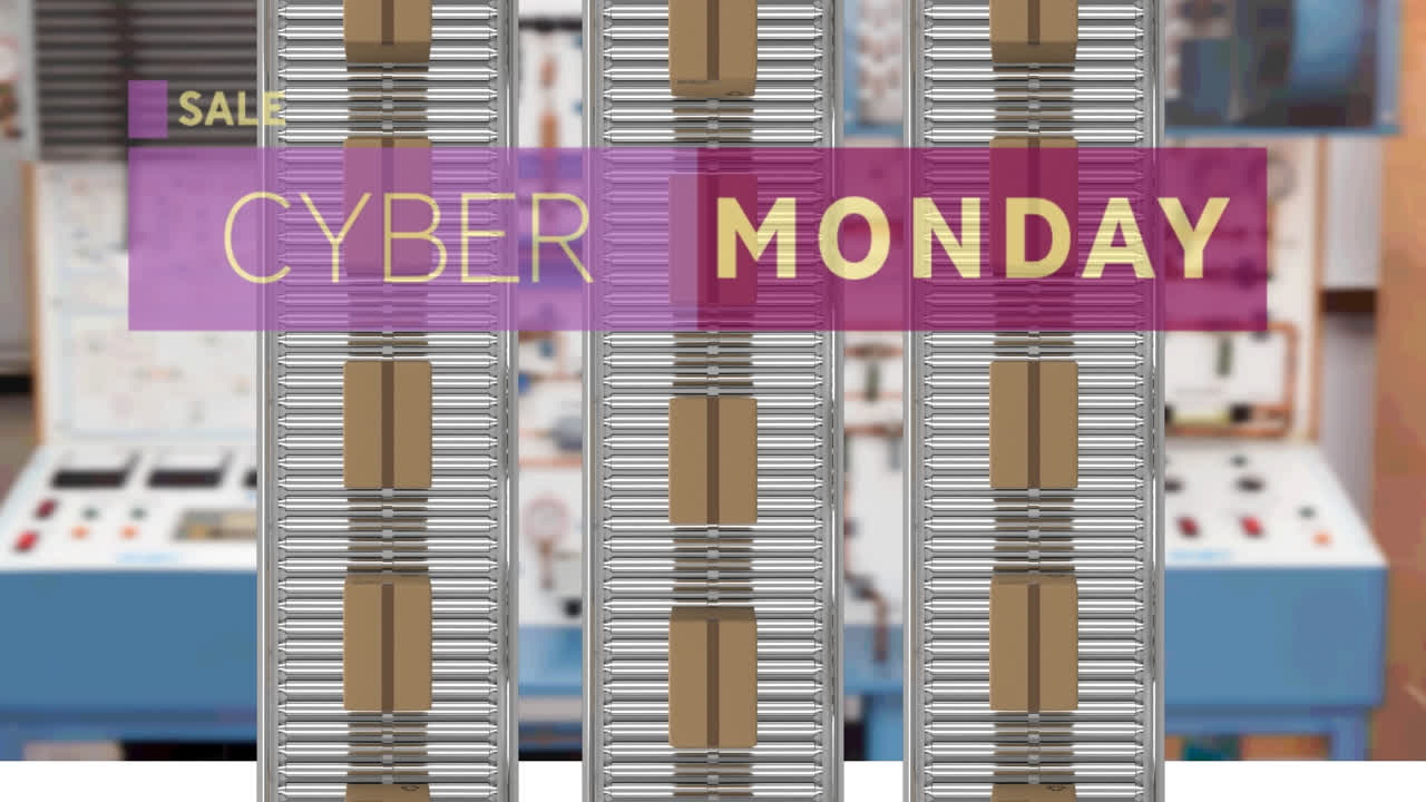 창고의 컨베이어 벨트에 있는 카드보드 상자 위의 사이버 월요일 텍스트의 애니메이션