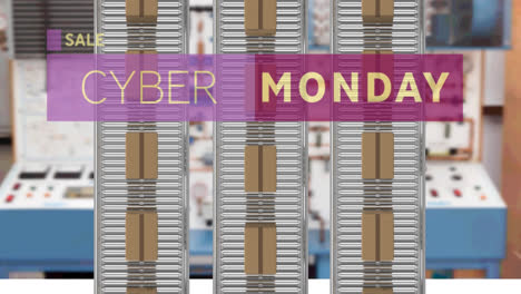 Animation-of-cyber-monday-text-over-cardboard-boxes-on-conveyor-belts-in-warehouse