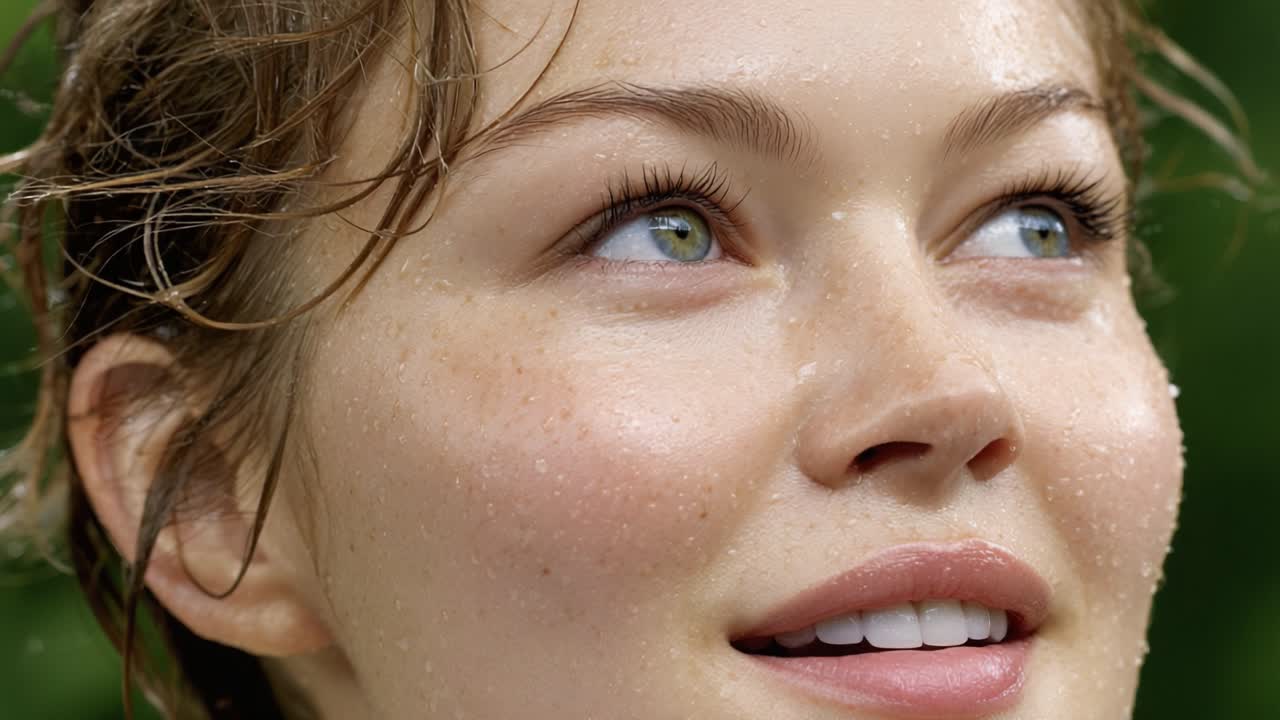 Captivating Moments: A Close-Up of a Youthful Woman's Radiant Face Glistening with Water Drops, Emphasizing Natural Beauty and Vibrancy in a Lush Setting