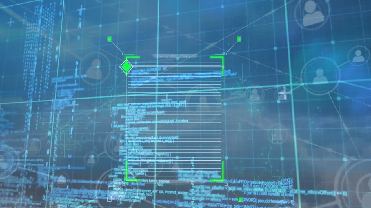 Animation of scope scanning over network of profile icons and data processing against blue sky
