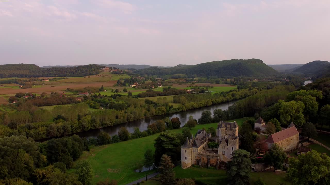 Drone fly over Beynac et cazenac france medieval small stone village